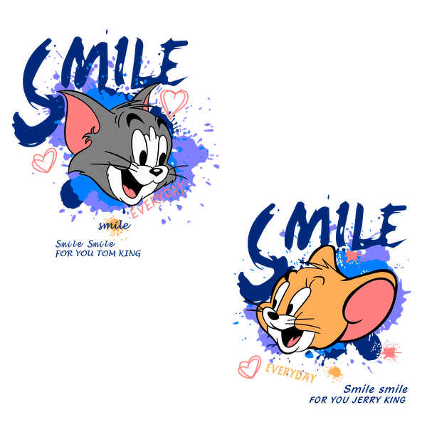 Arte de dibujos animados caprichoso con Tom y Jerry, con el divertido texto "SMILE" y colores vibrantes, que celebran la alegría y la amistad.