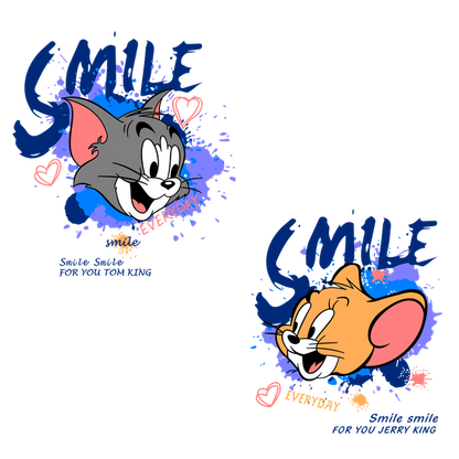 Arte de dibujos animados caprichoso con Tom y Jerry, con el divertido texto "SMILE" y colores vibrantes, que celebran la alegría y la amistad.