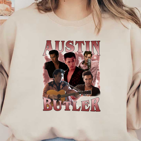 A vibrant collage featuring Austin Butler in various performances, showcasing his musical talent and charisma, with bold text framing his name.DTF Transfers heat press transfers