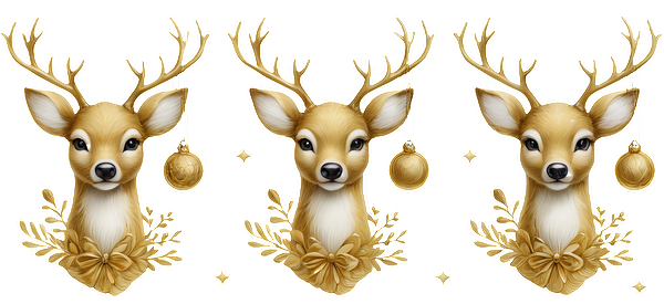 Charming golden deer heads adorned with antlers and festive ornaments, perfect for adding a whimsical touch to holiday decor.UV Transfers dtf prints