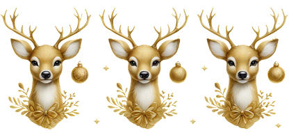 Charming golden deer heads adorned with antlers and festive ornaments, perfect for adding a whimsical touch to holiday decor.UV Transfers dtf prints