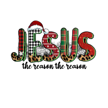 Festive "JESUS" design featuring colorful patterns, a Santa hat, and leopard print for a cheerful holiday vibe. heat press transfers