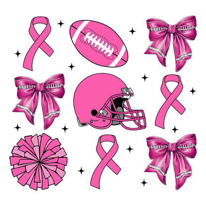 A vibrant collection of pink-themed sports icons featuring helmets, footballs, bows, ribbons, and a cheerleading pom-pom. heat press transfers