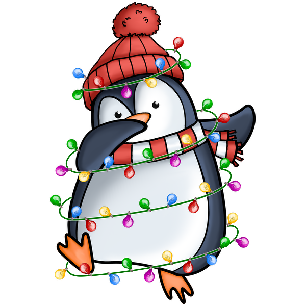 ¡Un pingüino alegre envuelto en luces navideñas de colores, con un gorro y una bufanda rojos, listo para las celebraciones festivas!