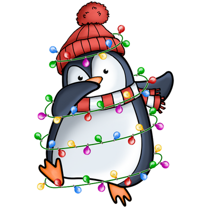 ¡Un pingüino alegre envuelto en luces navideñas de colores, con un gorro y una bufanda rojos, listo para las celebraciones festivas!