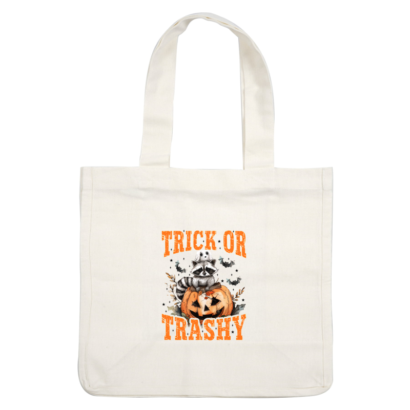 Adorable raccoon perched on a pumpkin with the playful phrase "Trick or Trashy," perfect for Halloween festivities!dtf regular iron