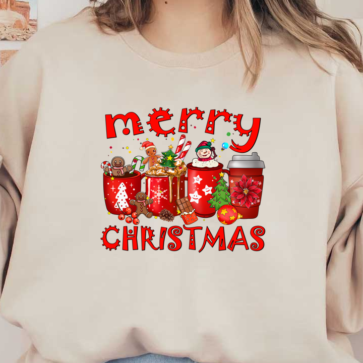 Celebrate the season with this vibrant "Merry Christmas" graphic featuring festive cups, gingerbread cookies, and cheerful decorations! dtf prints