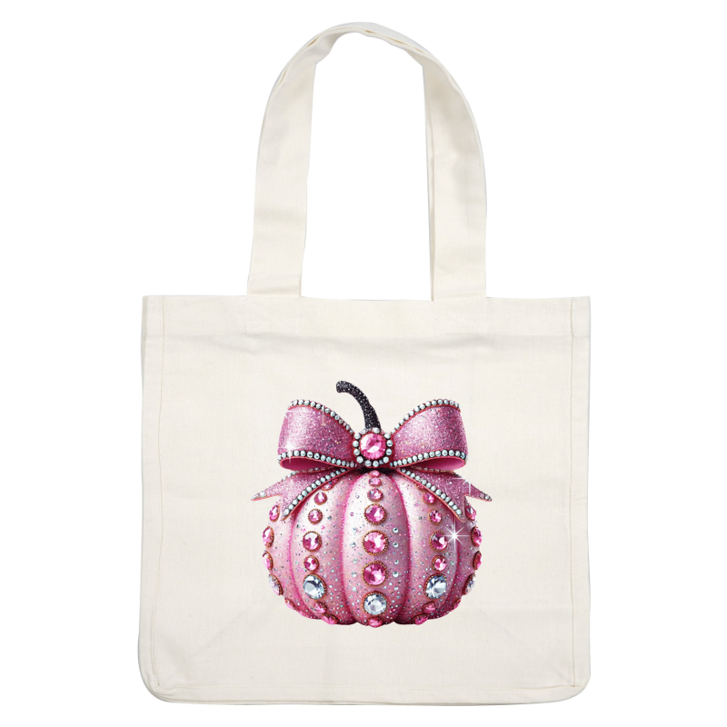 A sparkling pink pumpkin adorned with gems and a glittery bow, perfect for festive decor or whimsical display. dtf prints