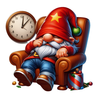 A cozy cartoon gnome in a red hat, napping in an armchair next to a clock and festive decorations.dtf regular iron