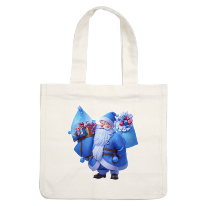 A cheerful blue-clad Santa carries two festive sacks filled with colorful presents, spreading holiday joy and charm.DTF Transfers heat press transfers