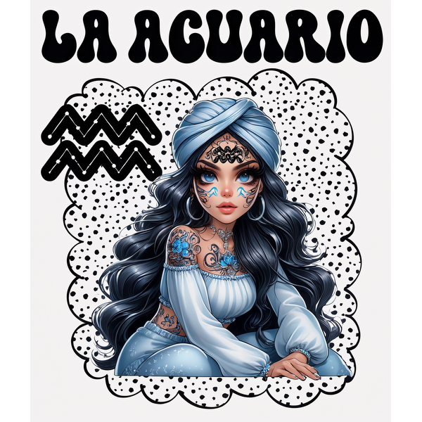 Una impresionante ilustración de una mujer vestida de azul con intrincados tatuajes y un pañuelo en la cabeza, que representa el signo zodiacal de Acuario.