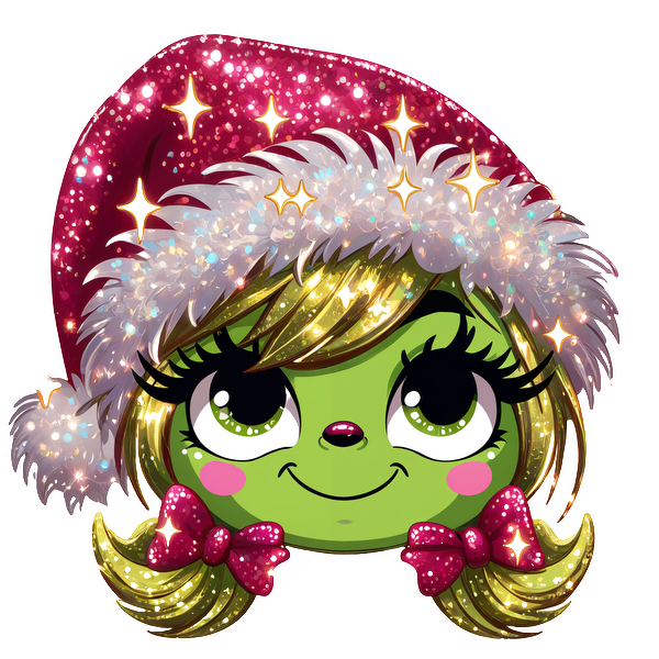 Meet this adorable green character wearing a sparkly holiday hat and festive bows, radiating cheerful holiday vibes!DTF Transfers dtf prints