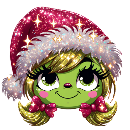 Meet this adorable green character wearing a sparkly holiday hat and festive bows, radiating cheerful holiday vibes!DTF Transfers dtf prints