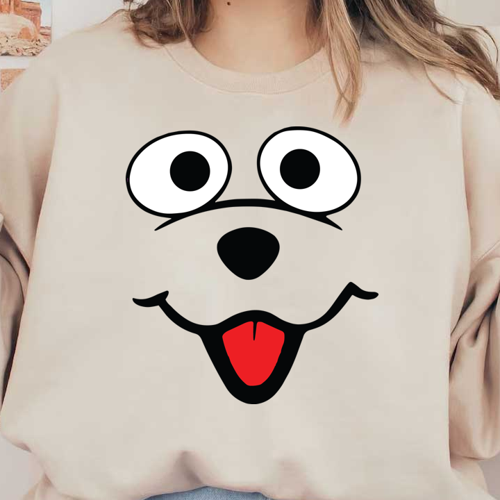 A playful cartoon dog's face with large eyes, a happy expression, and a bright red tongue.DTF Transfers dtf prints