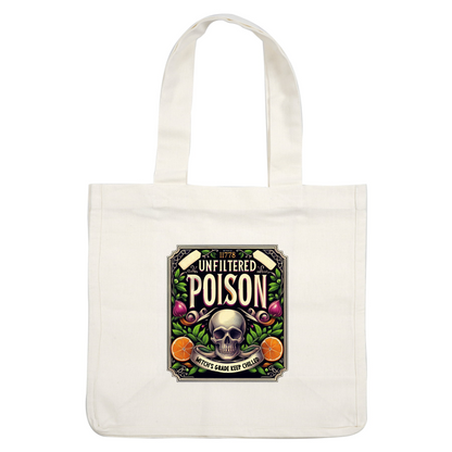 A vibrant label featuring "Unfiltered Poison," adorned with a skull, orange slices, and lush foliage, evoking a witchy aesthetic. heat press transfers