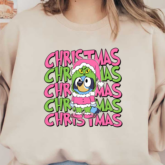 A cheerful cartoon character dressed as a Christmas Grinch, surrounded by colorful "Christmas" text in pink and green.DTF Transfers heat press transfers heat press transfers