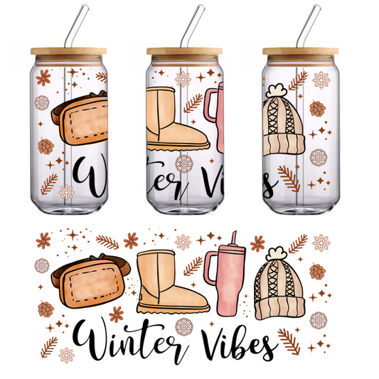 Cozy winter essentials include a chic hat, warm boots, a stylish fanny pack, and a cute tumbler for hot drinks.UV Transfers