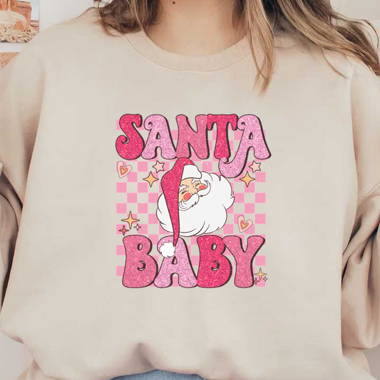 A playful and festive illustration featuring a cheerful Santa alongside sparkly pink text that reads "Santa Baby." dtf prints