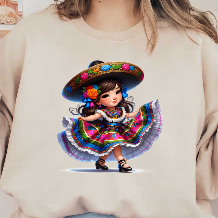 A charming young girl in a vibrant traditional Mexican dress and sombrero, showcasing colorful floral patterns and joyful spirit. dtf transfers