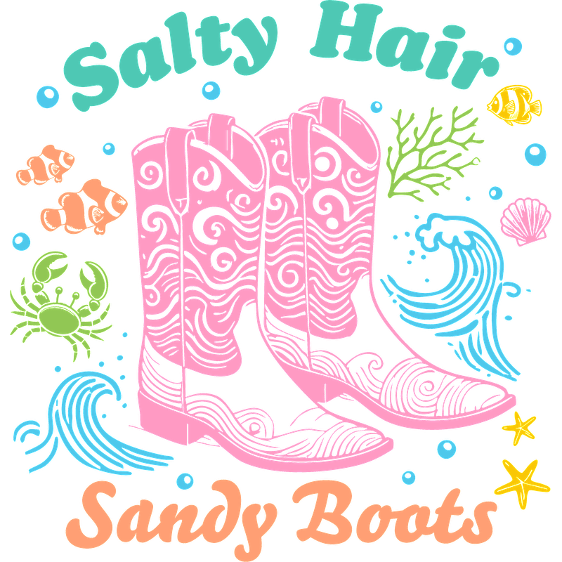 "Charming pink cowboy boots celebrating coastal vibes: salty hair, sandy boots!"DTF Transfers