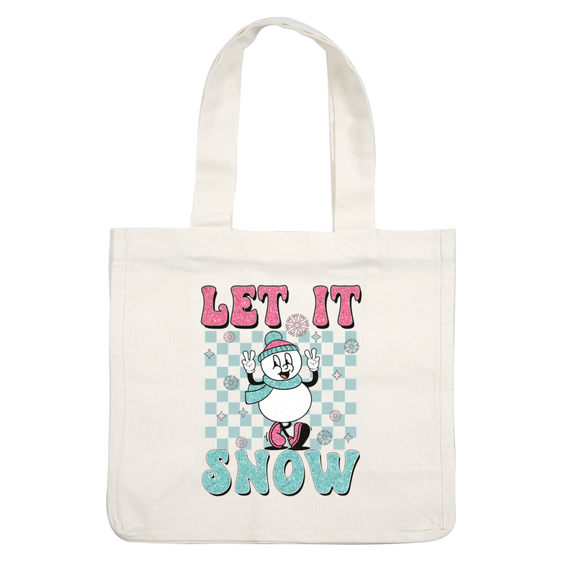 A cheerful snowman in a hat and scarf playfully poses with "Let It Snow" in sparkling lettering and playful snowflakes.dtf regular iron