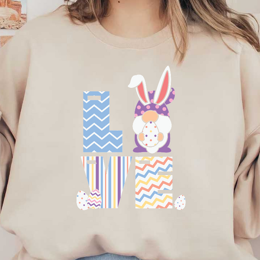 A cheerful Easter-themed decoration featuring the word "LOVE" styled in pastel colors with a playful bunny and patterned eggs.DTF Transfers