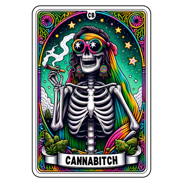 Una obra de arte vibrante y colorida que presenta un esqueleto con gafas de sol, fumando y rodeado de vegetación, titulada "CANNABITCH".