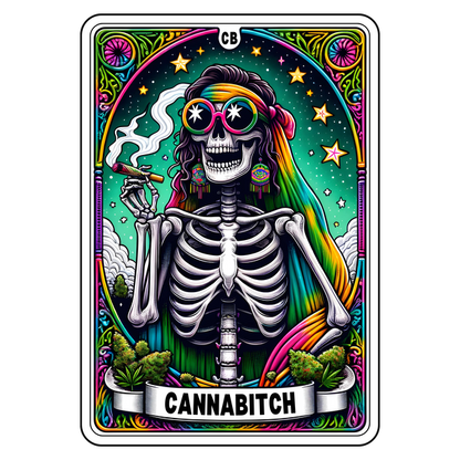 Una obra de arte vibrante y colorida que presenta un esqueleto con gafas de sol, fumando y rodeado de vegetación, titulada "CANNABITCH".