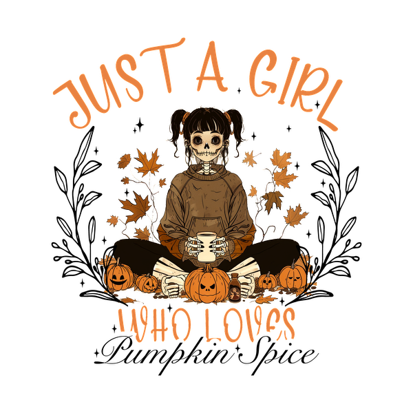 A whimsical design featuring a skeleton girl in a cozy sweater, surrounded by pumpkins and autumn leaves, celebrating her love for fall. dtf prints