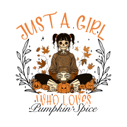 A whimsical design featuring a skeleton girl in a cozy sweater, surrounded by pumpkins and autumn leaves, celebrating her love for fall. dtf prints