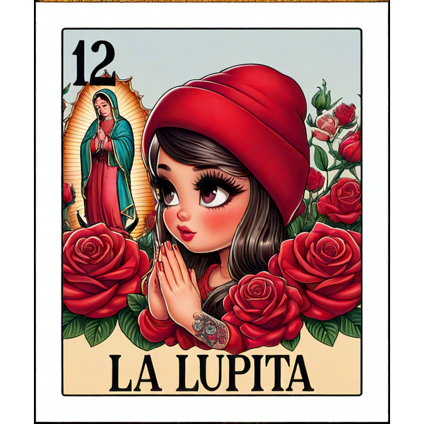 Esta vibrante obra de arte presenta a una niña rezando con un gorro rojo entre rosas, junto a una representación de la Virgen de Guadalupe.