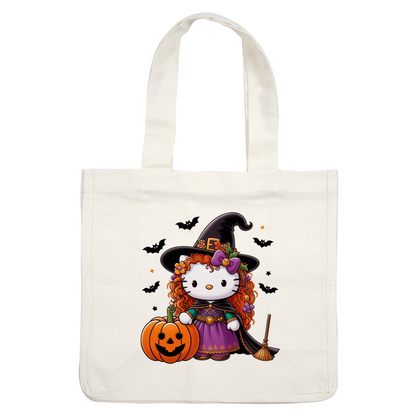 Hello Kitty is dressed as a witch, complete with a black hat, purple gown, and a pumpkin with a spooky face.DTF Transfers heat press transfers