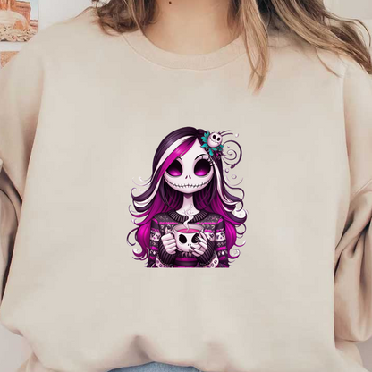 A whimsical character with skull features enjoys a steaming cup topped with a skull, adorned in a cozy sweater.DTF Transfers dtf prints