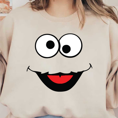 A playful cartoon face featuring large googly eyes, a red mouth, and a whimsical mustache.DTF Transfers heat press transfers