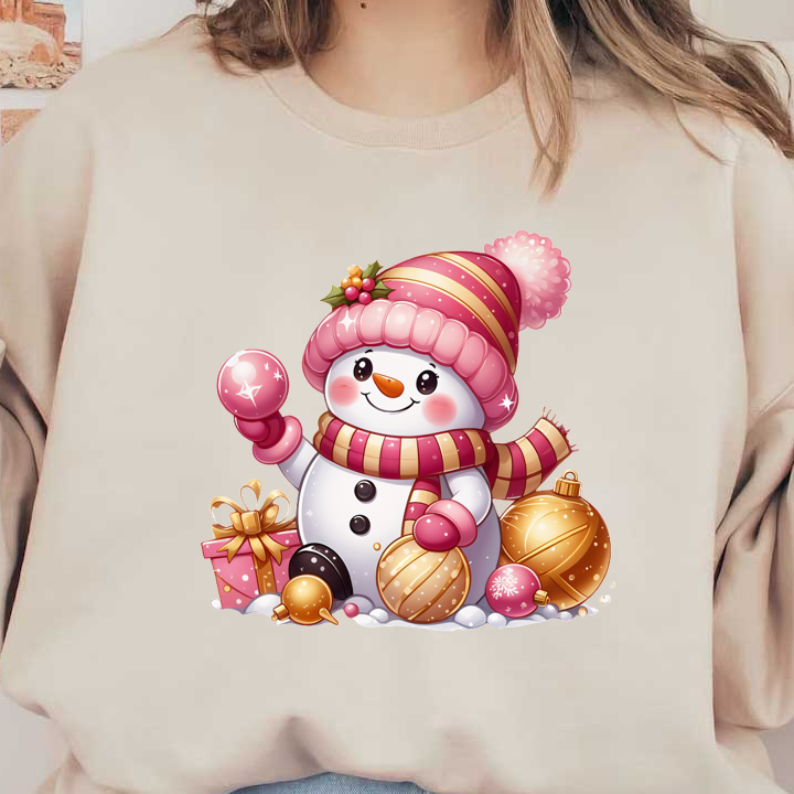 Cheerful cartoon snowman wearing a pink hat and scarf, surrounded by Christmas ornaments and presents, spreading festive joy! heat press transfers