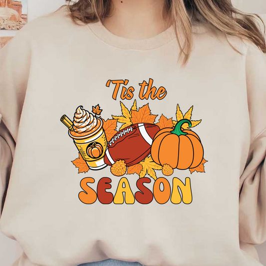 ¡Celebre la temporada con un diseño divertido que incluye una calabaza, un balón de fútbol, ​​hojas de otoño y una bebida festiva!