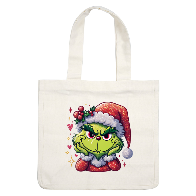 A whimsical, glittery illustration of the Grinch in a festive Santa hat, exuding a mischievous charm with holiday accents.DTF Transfers heat press transfers