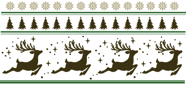 Patrón festivo festivo con renos, árboles de Navidad y copos de nieve, perfecto para decoraciones o manualidades de temporada. Transferencias UV