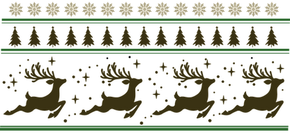 Un diseño de borde festivo con renos, árboles de Navidad y copos de nieve, perfecto para decoraciones navideñas o proyectos de manualidades. Transferencias UV