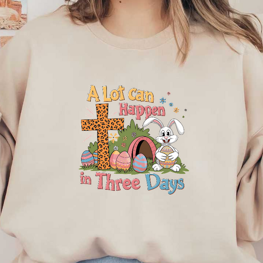 Celebrate Easter with this cheerful design featuring a playful bunny, colorful eggs, and a vibrant cross.DTF Transfers