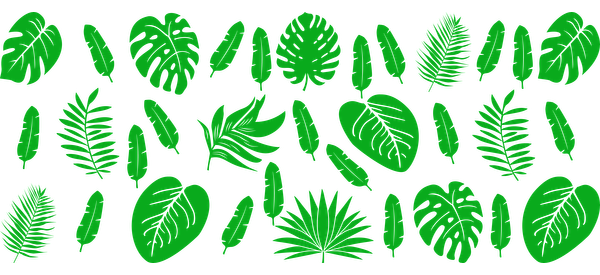 A vibrant collection of green tropical leaves in various shapes and sizes, perfect for nature-themed designs or decor.UV Transfers heat press transfers