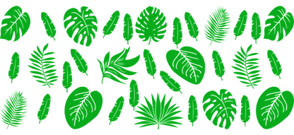 A vibrant collection of green tropical leaves in various shapes and sizes, perfect for nature-themed designs or decor.UV Transfers heat press transfers