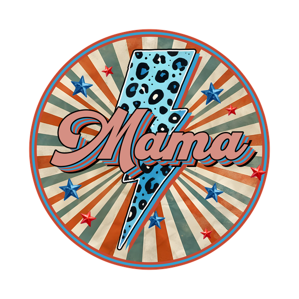 A vibrant circular design featuring the word "Mama" in a playful font, embellished with a lightning bolt and colorful stars. heat press transfersdtf regular iron