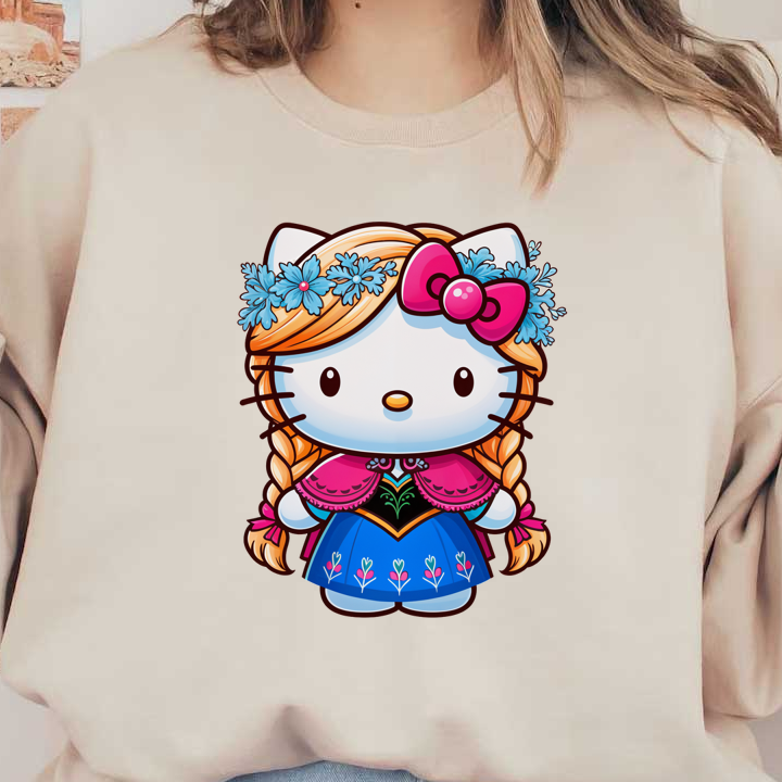 A cute, illustrated Hello Kitty character dressed in a traditional folk costume with flower adornments and vibrant colors.DTF Transfersdtf regular iron