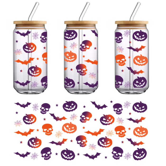 A vibrant Halloween-themed pattern featuring orange pumpkins, purple skulls, bats, and spooky spider webs against a black background.UV Transfers heat press transfers