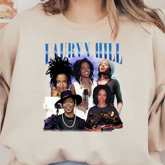 A vibrant collage of Lauryn Hill showcasing her iconic looks and achievements in music, including Grammy wins and live performances.DTF Transfers heat press transfers