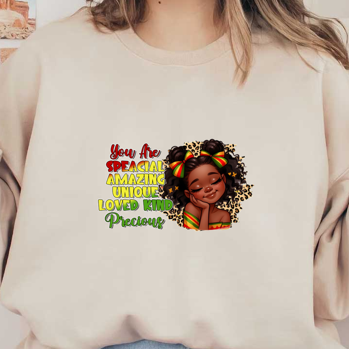 A vibrant illustration of a girl with curly hair, celebrating positivity with uplifting words like "Amazing," "Loved," and "Unique." heat press transfers