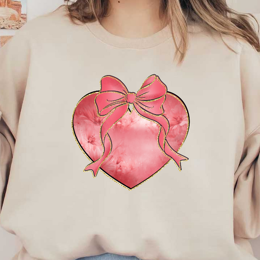 A charming pink heart adorned with a ribbon, featuring a delicate floral background and a sparkling gold outline.DTF Transfers