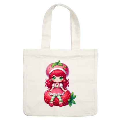 This adorable strawberry-themed character features vibrant red hair, a strawberry cap, and a pink dress with striped leggings.DTF Transfers