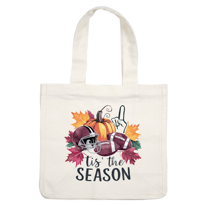 A festive autumn-themed graphic featuring a football helmet, footballs, a pumpkin, and colorful leaves with the phrase "tis' the season." dtf prints